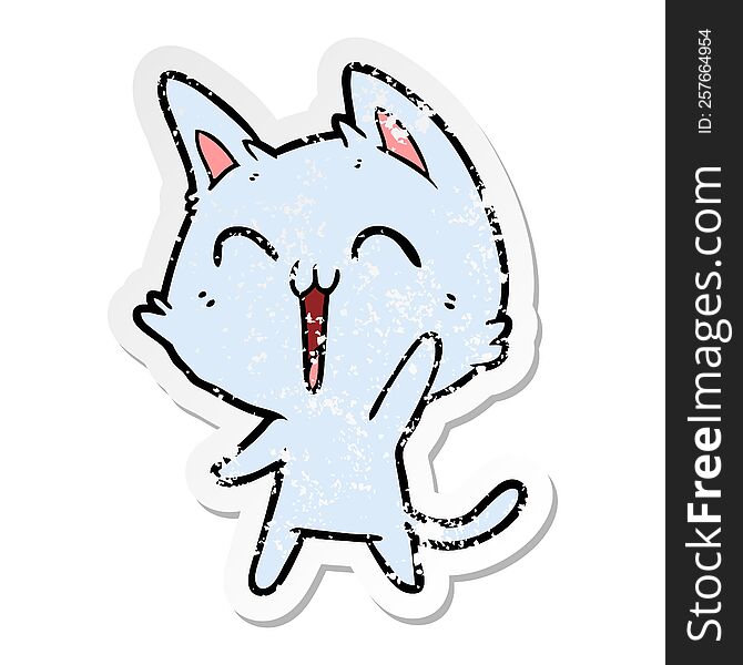 Distressed Sticker Of A Happy Cartoon Cat Meowing