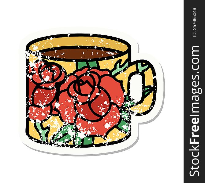Traditional Distressed Sticker Tattoo Of A Cup And Flowers