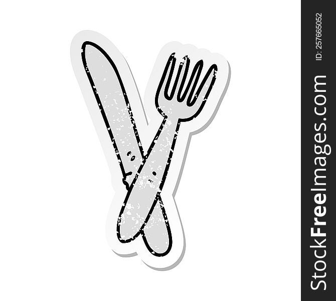 distressed sticker of a quirky hand drawn cartoon cutlery