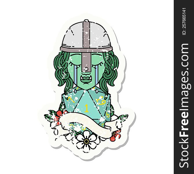 grunge sticker of a crying orc fighter character face with natural one d20 roll. grunge sticker of a crying orc fighter character face with natural one d20 roll