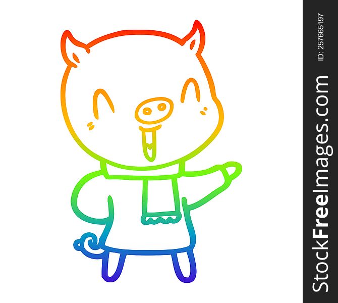 Rainbow Gradient Line Drawing Happy Cartoon Pig In Winter Clothes