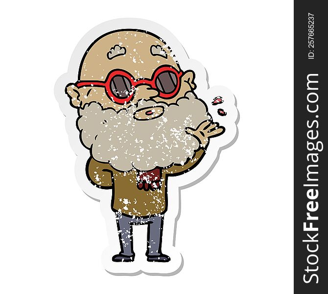 distressed sticker of a cartoon curious man with beard and sunglasses