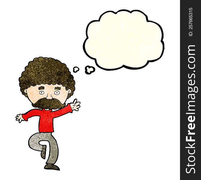 Cartoon Mustache Man Disco Dancing With Thought Bubble