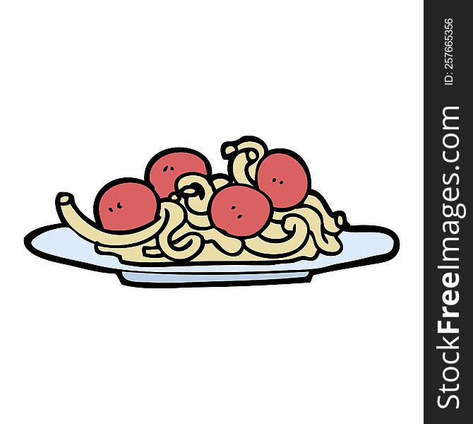 hand drawn doodle style cartoon spaghetti and meatballs