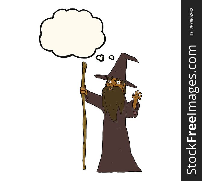 Cartoon Spooky Wizard With Thought Bubble
