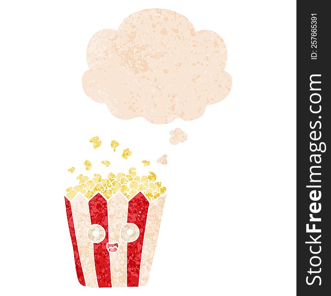 Cartoon Popcorn And Thought Bubble In Retro Textured Style