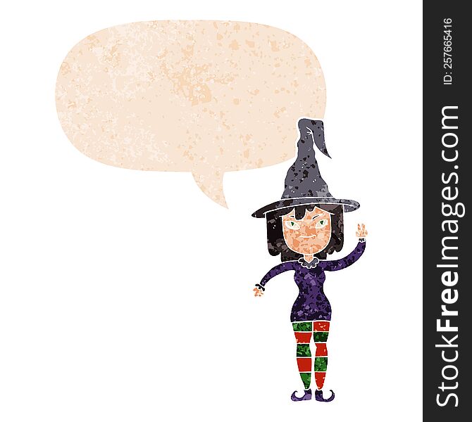 cartoon witch with speech bubble in grunge distressed retro textured style. cartoon witch with speech bubble in grunge distressed retro textured style