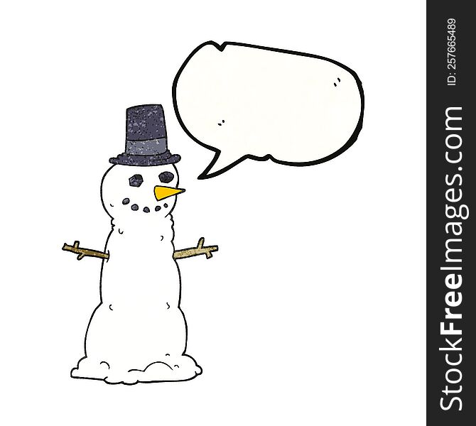 freehand speech bubble textured cartoon snowman in top hat