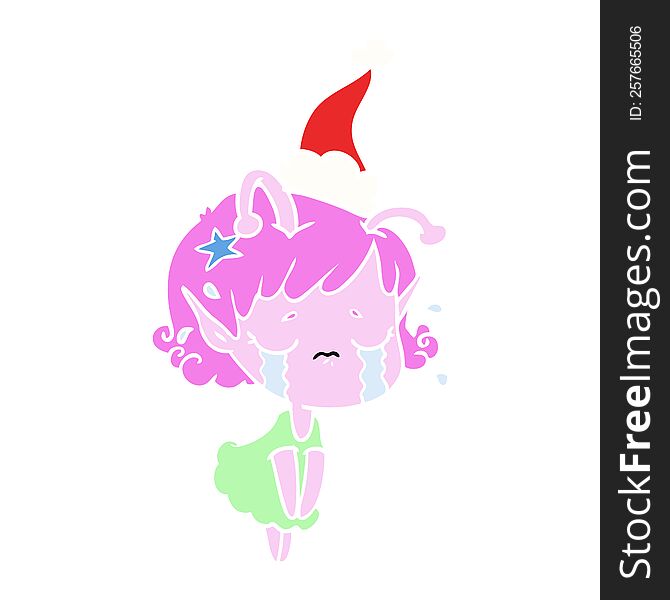 hand drawn flat color illustration of a crying alien girl wearing santa hat