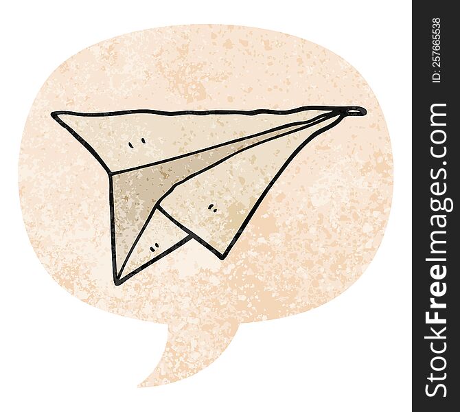 cartoon paper airplane and speech bubble in retro textured style