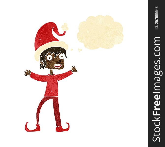 Cartoon Excited Christmas Elf With Thought Bubble