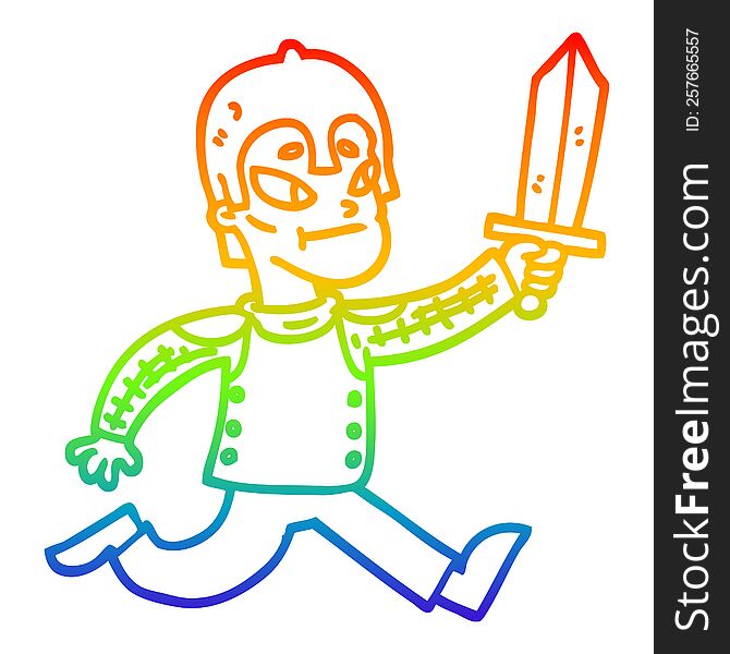 rainbow gradient line drawing of a cartoon medieval warrior