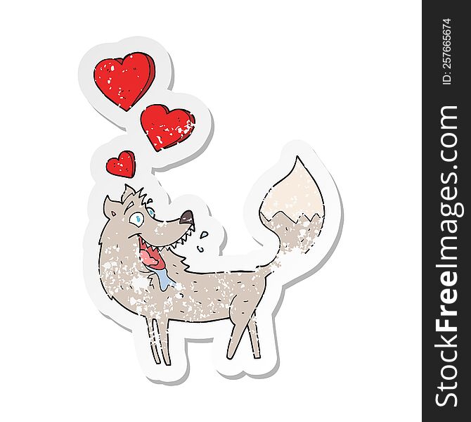 Retro Distressed Sticker Of A Cartoon Wolf In Love