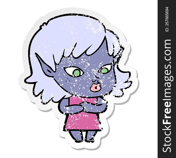 distressed sticker of a pretty cartoon elf girl