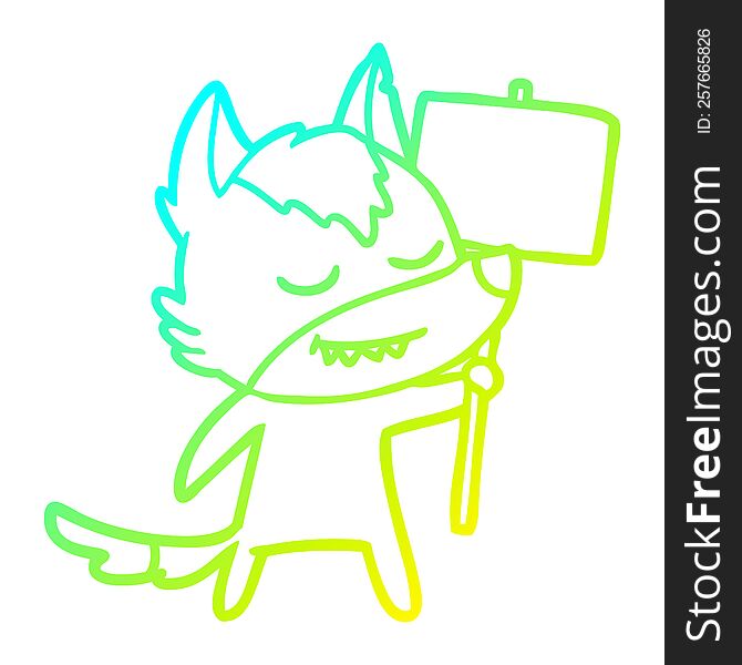 cold gradient line drawing of a friendly cartoon wolf with blank sign