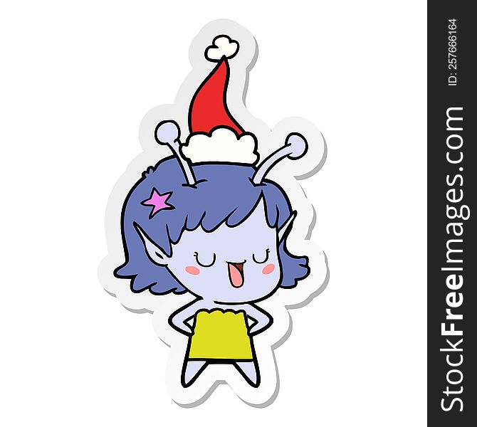 happy alien girl hand drawn sticker cartoon of a wearing santa hat. happy alien girl hand drawn sticker cartoon of a wearing santa hat