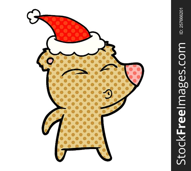 hand drawn comic book style illustration of a whistling bear wearing santa hat