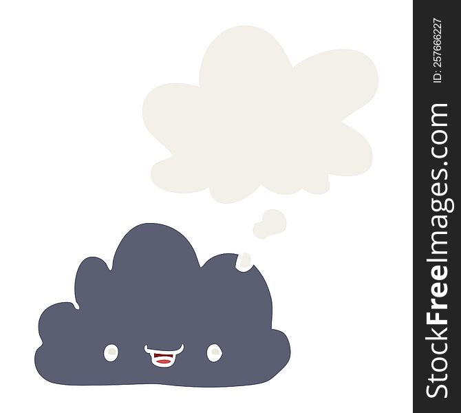 cartoon tiny happy cloud with thought bubble in retro style