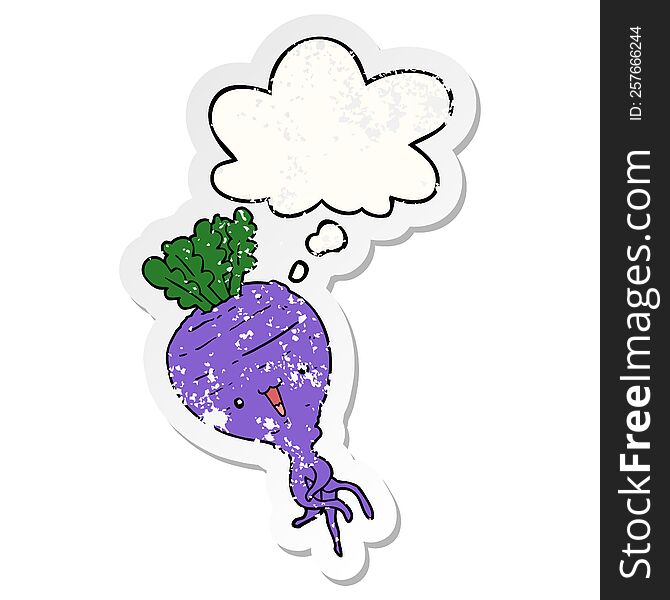 Cartoon Turnip And Thought Bubble As A Distressed Worn Sticker