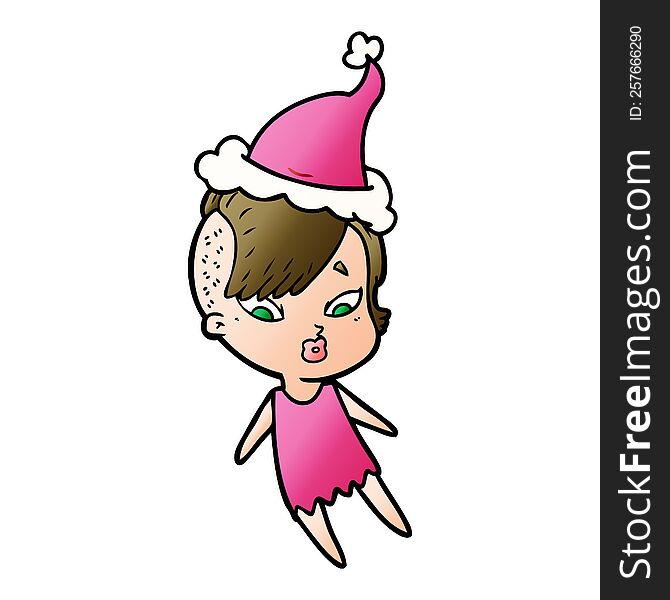 Gradient Cartoon Of A Surprised Girl Wearing Santa Hat