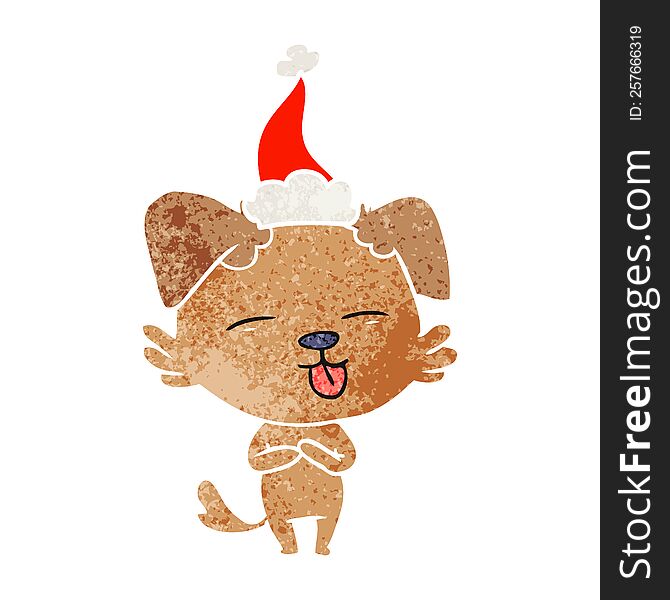 hand drawn retro cartoon of a dog sticking out tongue wearing santa hat