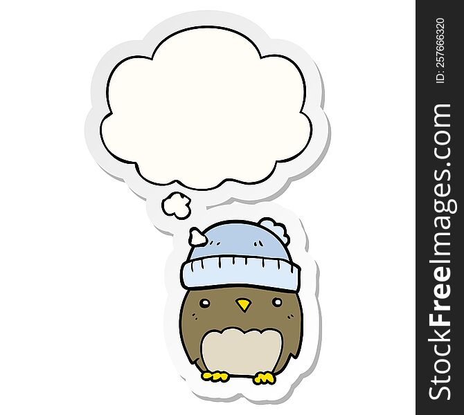 Cute Cartoon Owl In Hat And Thought Bubble As A Printed Sticker