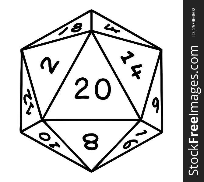 tattoo in black line style of a d20 dice. tattoo in black line style of a d20 dice