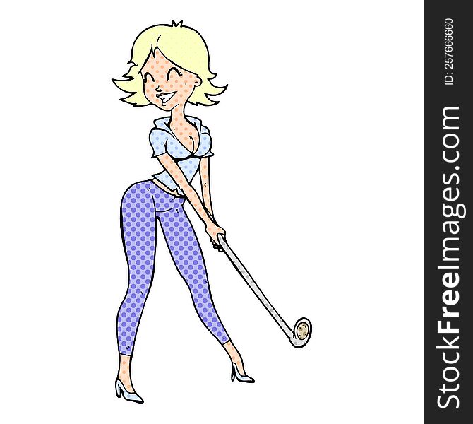 Cartoon Woman Playing Golf