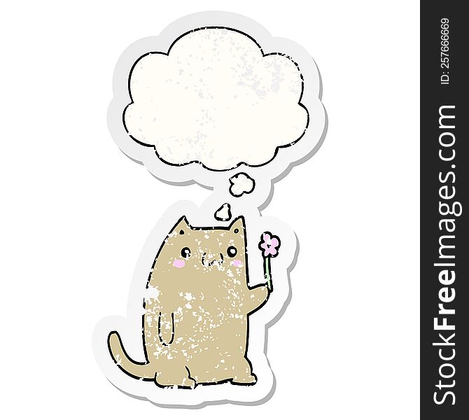 Cute Cartoon Cat With Flower And Thought Bubble As A Distressed Worn Sticker