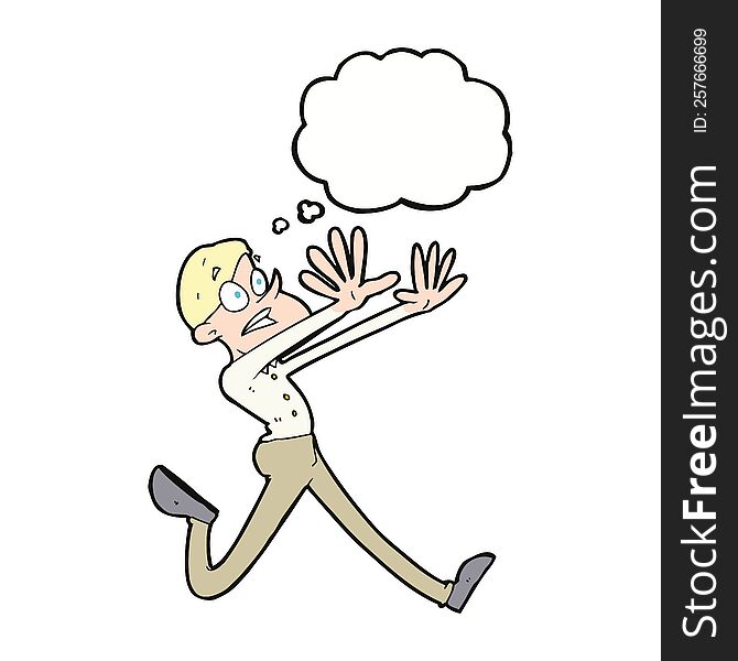 cartoon man running away with thought bubble