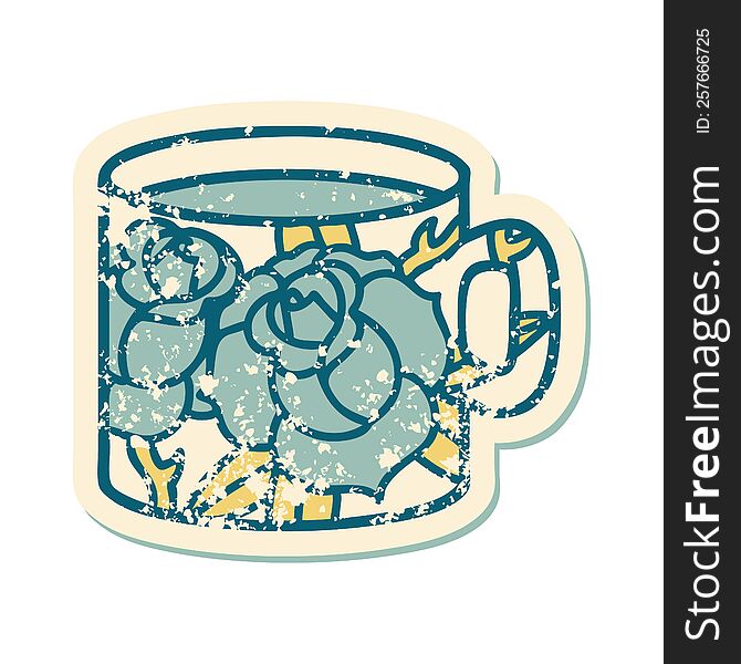 iconic distressed sticker tattoo style image of a cup and flowers. iconic distressed sticker tattoo style image of a cup and flowers