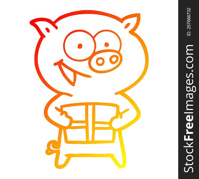 Warm Gradient Line Drawing Cheerful Pig With Christmas Gift