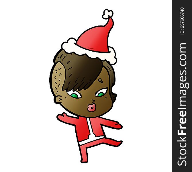 Gradient Cartoon Of A Surprised Girl In Science Fiction Clothes Wearing Santa Hat