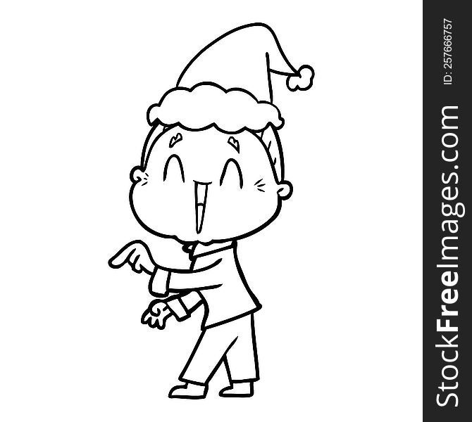 hand drawn line drawing of a happy old lady wearing santa hat