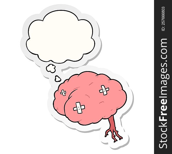 cartoon injured brain with thought bubble as a printed sticker