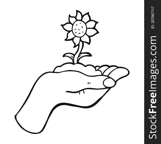 Black And White Cartoon Flower Growing In Palm Of Hand