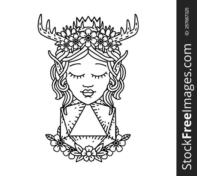 Black and White Tattoo linework Style elf druid character with nautral twenty dice roll. Black and White Tattoo linework Style elf druid character with nautral twenty dice roll
