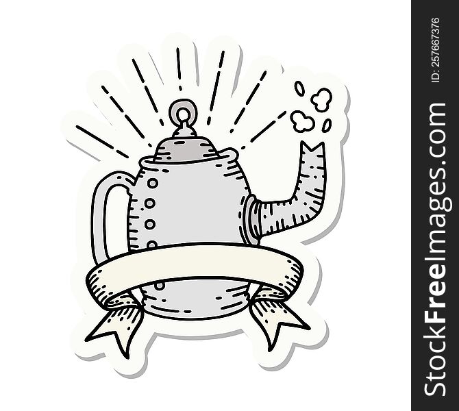 sticker of tattoo style old coffee pot steaming