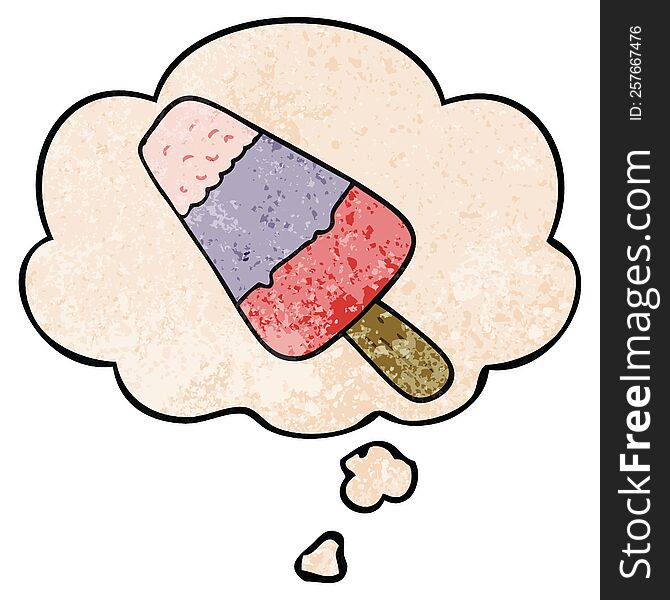 Cartoon Ice Lolly And Thought Bubble In Grunge Texture Pattern Style