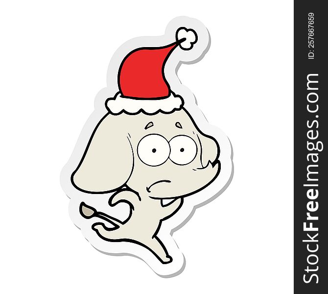 hand drawn sticker cartoon of a unsure elephant running away wearing santa hat