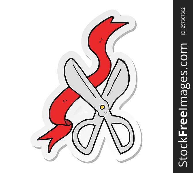 Sticker Of A Cartoon Scissors Cutting Ribbon