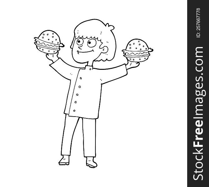 Black And White Cartoon Chef With Burgers