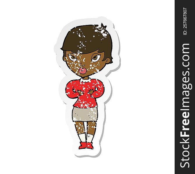 retro distressed sticker of a cartoon woman gesturing at self