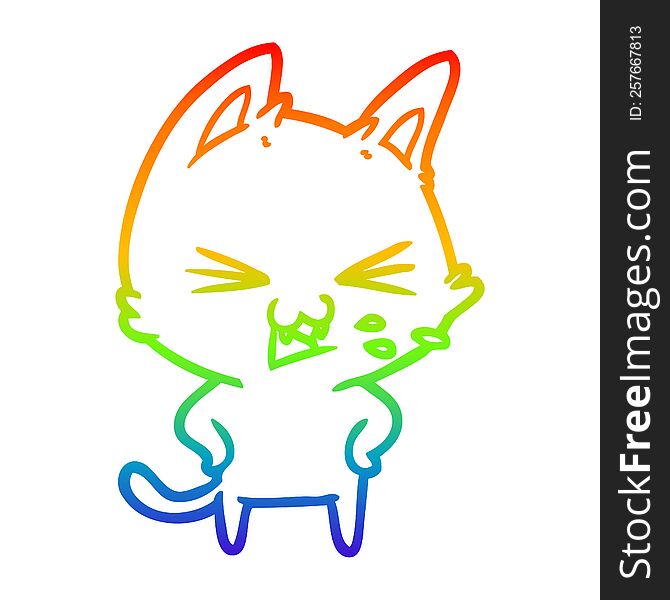 Rainbow Gradient Line Drawing Cartoon Cat Hissing