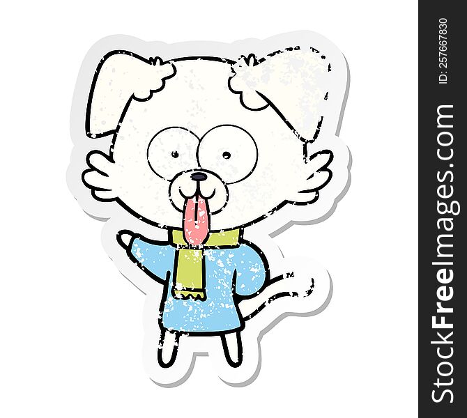 distressed sticker of a cartoon dog in winter clothes