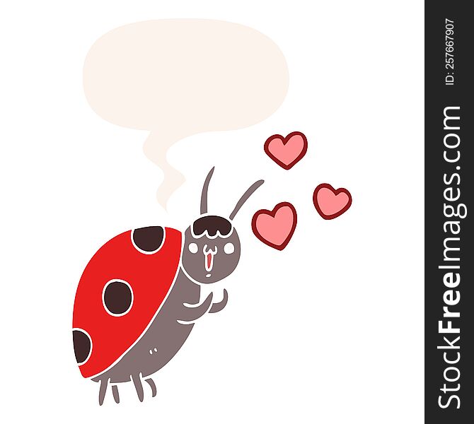 cute cartoon ladybug in love with speech bubble in retro style