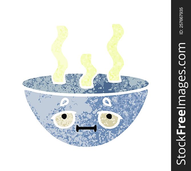 retro illustration style cartoon of a bowl of hot soup