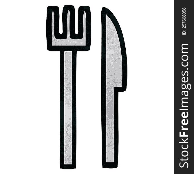 retro grunge texture cartoon of a knife and fork