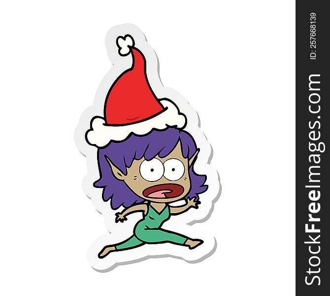 hand drawn sticker cartoon of a shocked elf girl wearing santa hat