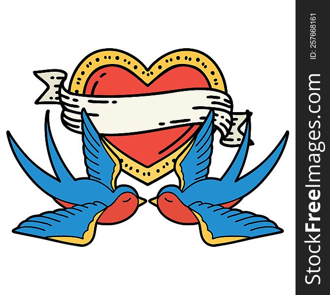 tattoo in traditional style of swallows and a heart with banner. tattoo in traditional style of swallows and a heart with banner